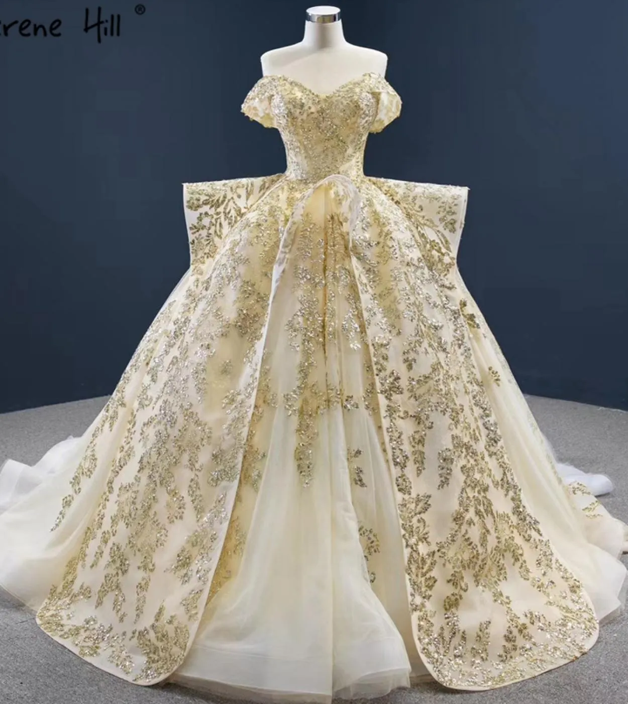 Abiti da sposa Dubai oro champagne con spalle scoperte Abiti da sposa scintillanti di lusso di fascia alta Hm67159 Abiti da spos