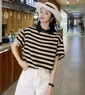 T-shirt a righe larghe a manica corta da donna di nuova moda estiva T-shirt casual in chiffon con colletto rovesciato Femme Top